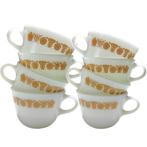 Pyrex 8 Piece Vintage Butterfly Gold Floral Art Deco Milk Glass Teacups